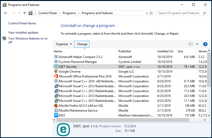 Click on "Programs" or "Programs and Features" in the Control Panel.
Locate ESET Smart Security in the list of installed programs.