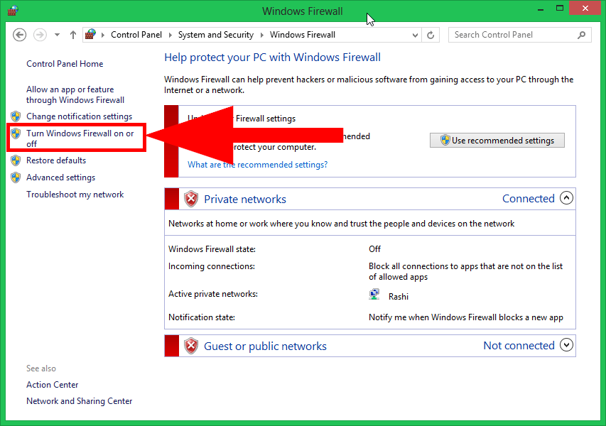Click on "Windows Firewall" to open the Windows Firewall settings.
Click on "Turn Windows Firewall on or off" in the left sidebar.
