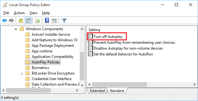 Double-click on Turn off AutoPlay and select Enabled
Click Apply and then OK